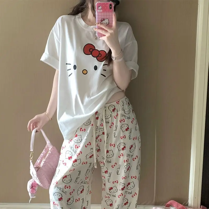

Sanrio Pajamas Set Hello Kitty Home Clothing Pajamas Summer Loose Comfortable Women Summer Short Sleeve Trousers Cartoon Sweet