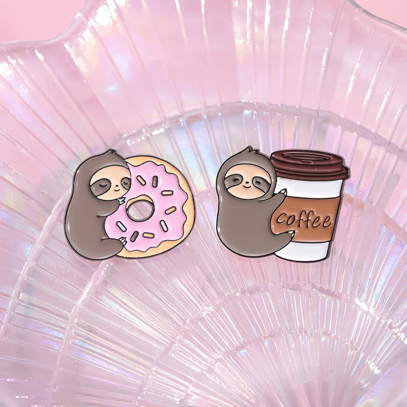 Sloth with Banana Dessert Coffee Enamel Pins Cartoon Animal Cute Lapel Badge Backpack Clothes Decorative Metal Brooches Jewelry