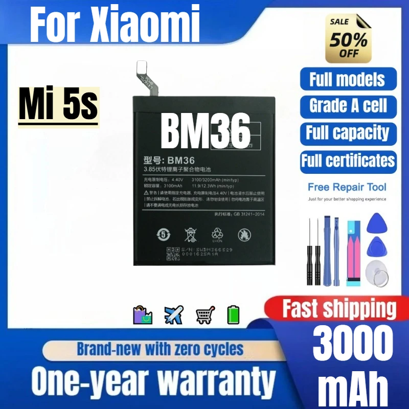 BM36 for Xiaomi Mi 5s Mobile Phone Battery 0Cycle High Quality High Capacity Battery Replacement Bateria Grade A Cell with Tools