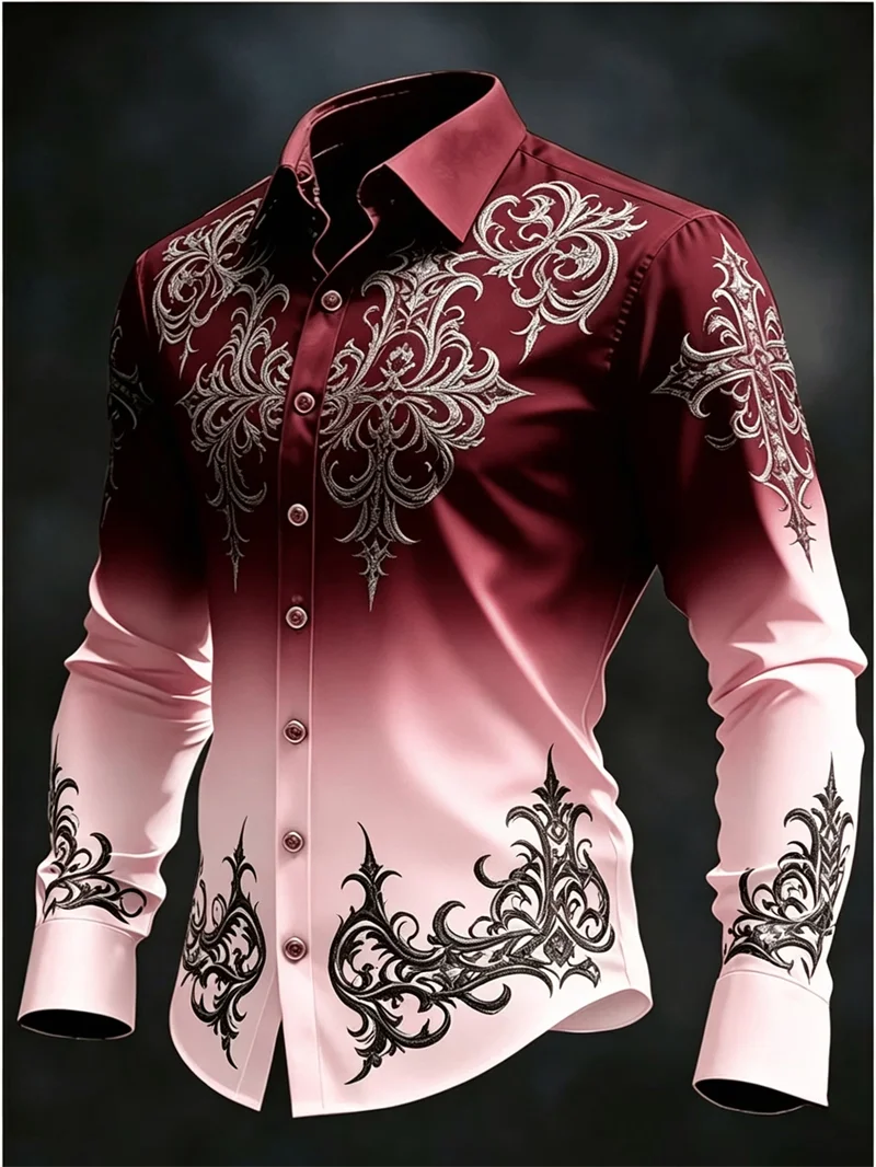 New black satin ethnic style geometric border men's long sleeved shirt retro business casual shirt clothing
