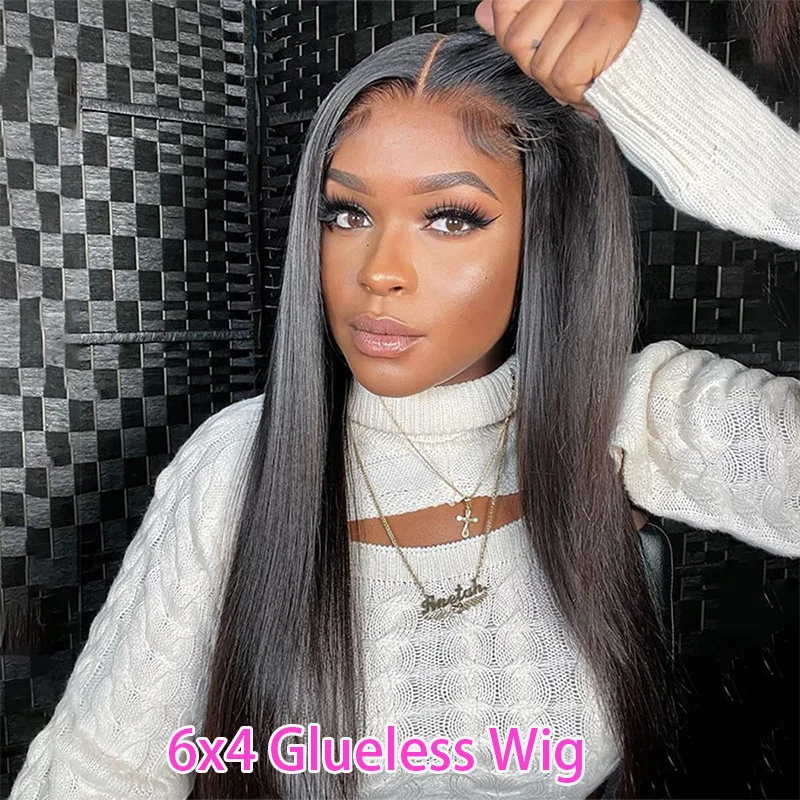 6x4 Glueless Wig Human Hair Ready To Wear And Go Preplucked Pre Cut No Glue Brazilian  Straight 100% Human Hair Wigs For Women