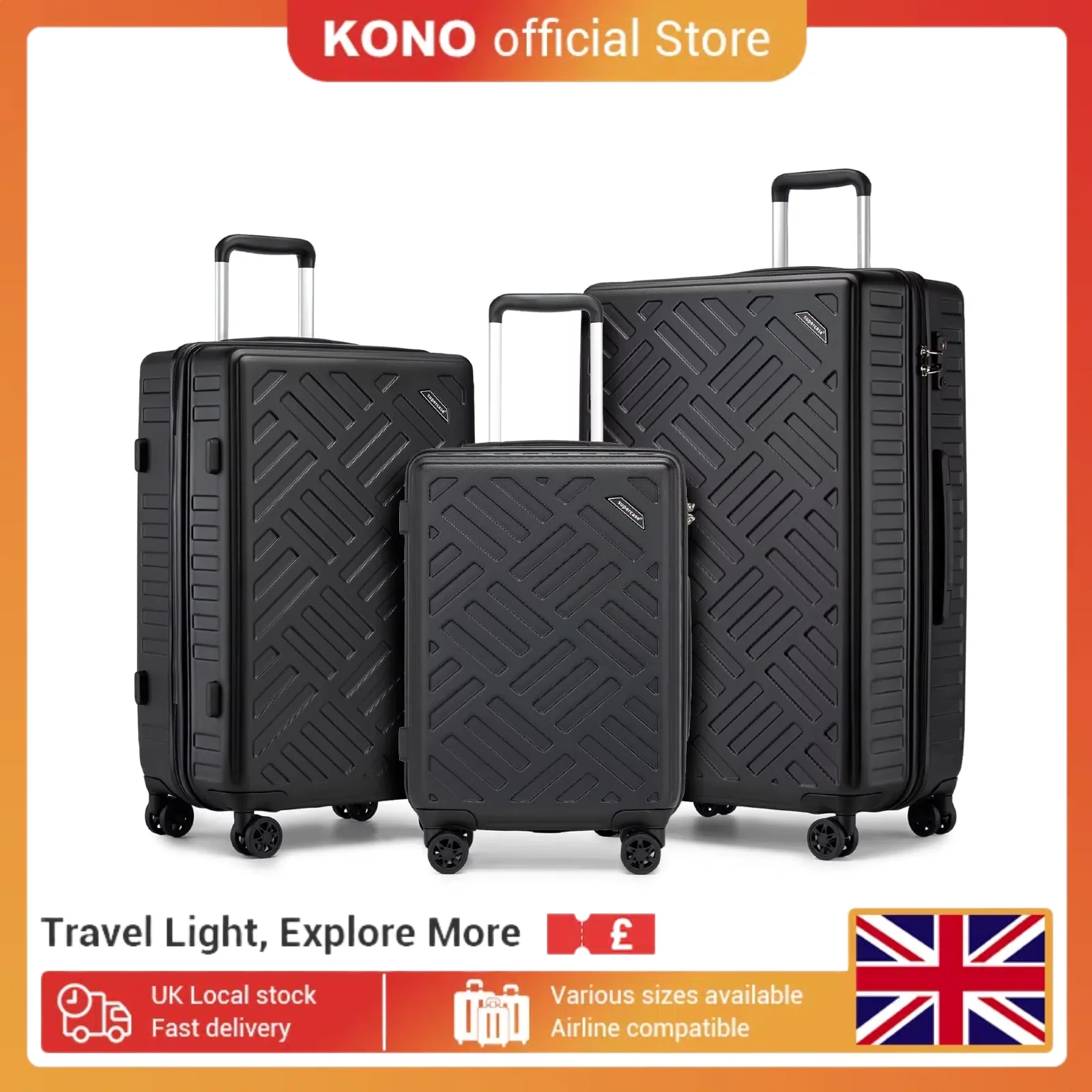 Kono Suitcase Set of 3 Luggage with 4 Wheels Lightweight Hard Shell Suitcase with TSA Lock
