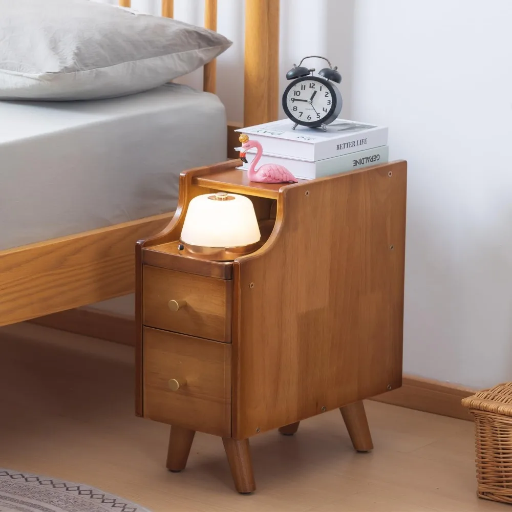 منضدة من الخشب الصلب بدرجين مع رف تخزين، طاولة بجانب السرير ضيقة صغيرة من خشب الجوز، عريضة 7.87 لغرفة النوم