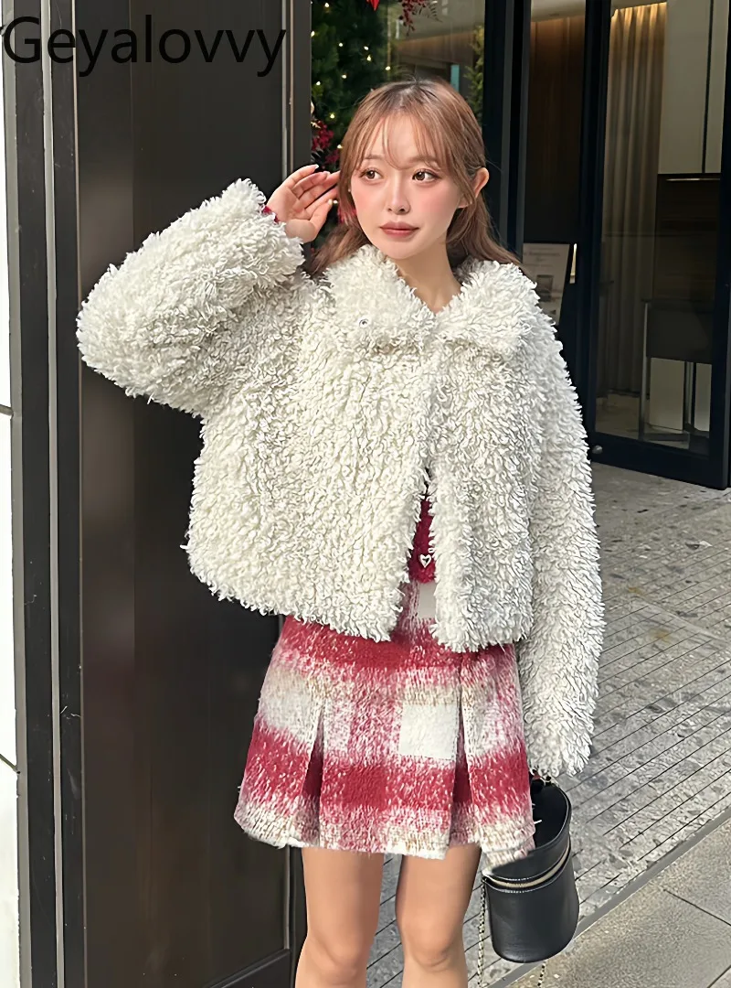 

Autumn Winter New Japanese Sweet Cute Girls Pocket Stand Collar Short Jacket Solid Color Versatile Loose Plush Coat for Women