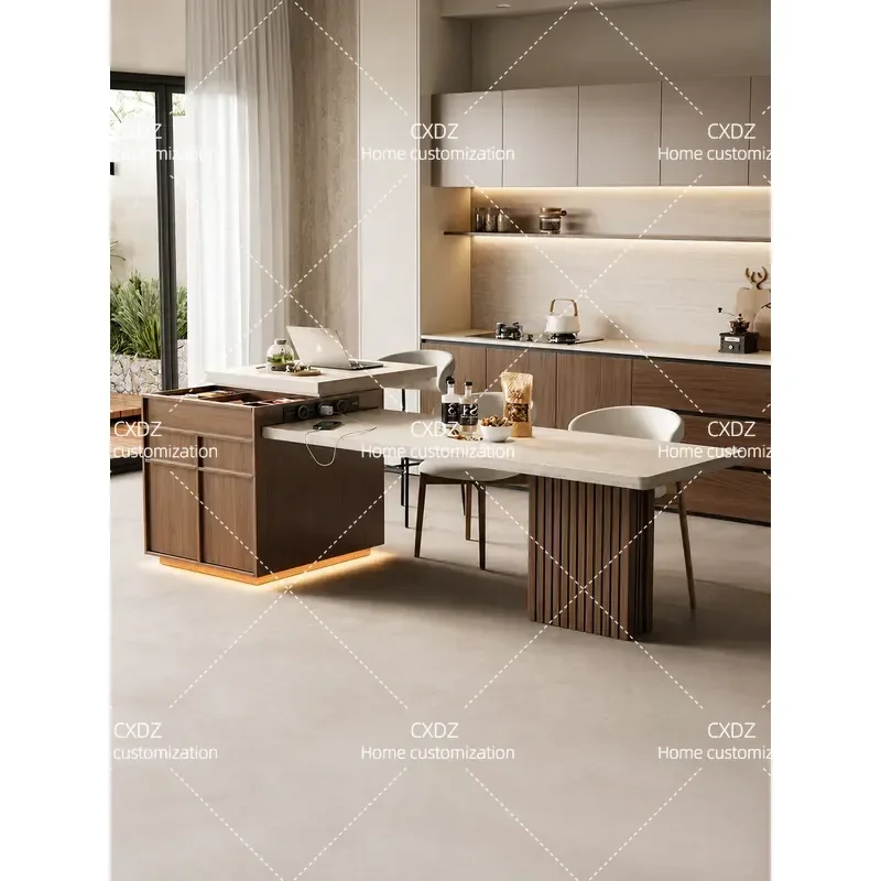 Mid Century Modern Rock Slab Island Dining Table Retractable Kitchen Guide Table for Small Apartment Household Customized