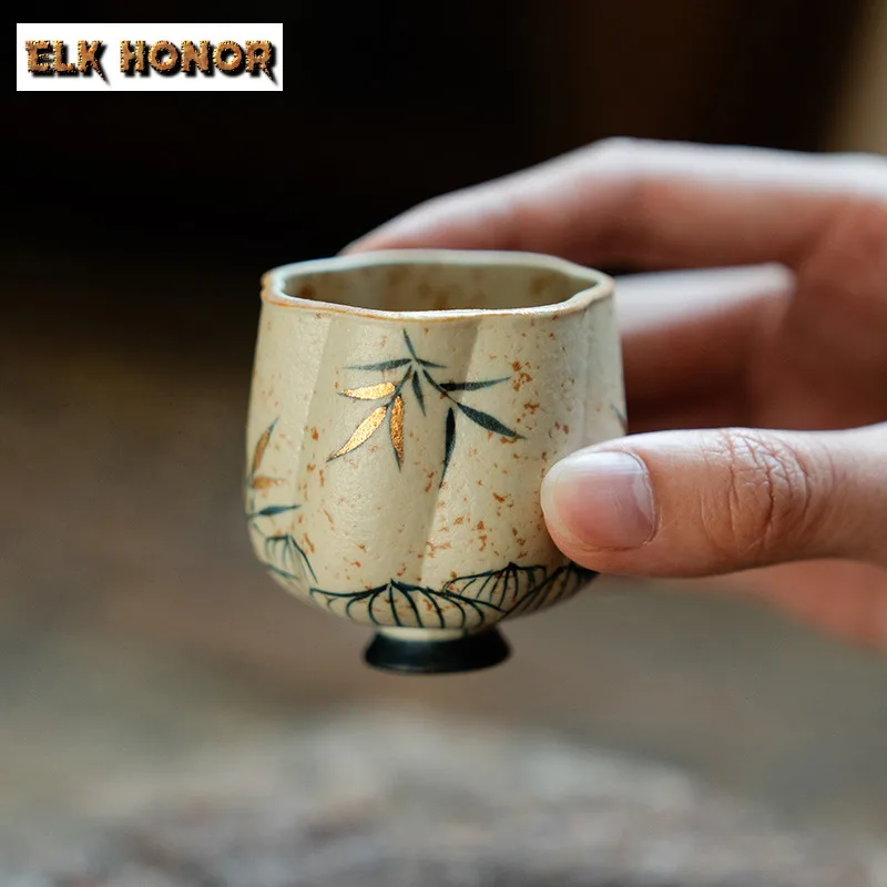 

55ml Hand-painted Bamboo Shadow High Foot Teacup Ancient Tea Bowl Jug Tea-tasting Fragrance Cup Chazhan Master Cups Decorations