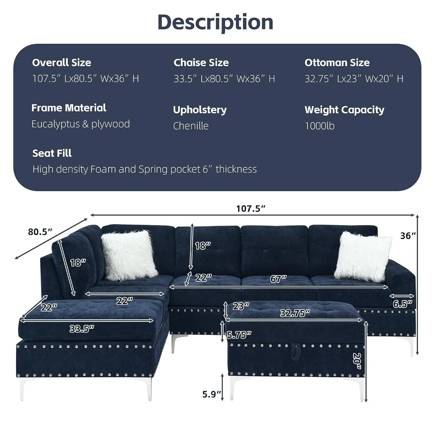 L-Shape 5-Seater Sectional Sofa With Reversible Chaise Storage Ottoman Cup Holders Copper Nails 2 Pillows Navy Blue, Customized