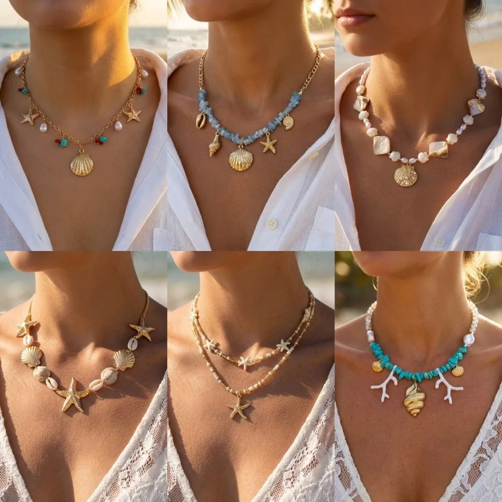 Light Blue Starfish Conch Pendant Necklace Bohemian Handmade Shell Beaded Necklace Tassels Pearl Boho Layered Choker Beach Party