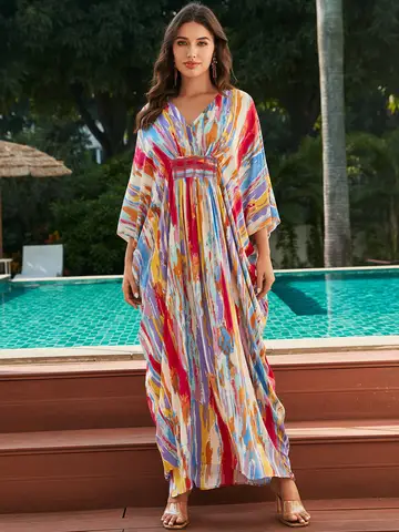 Women Bathing Suit Swimsuit Cover Up Kimono Ethnic Print Loose Kaftan Bikinis Set Dress Beach Maxi Dresses