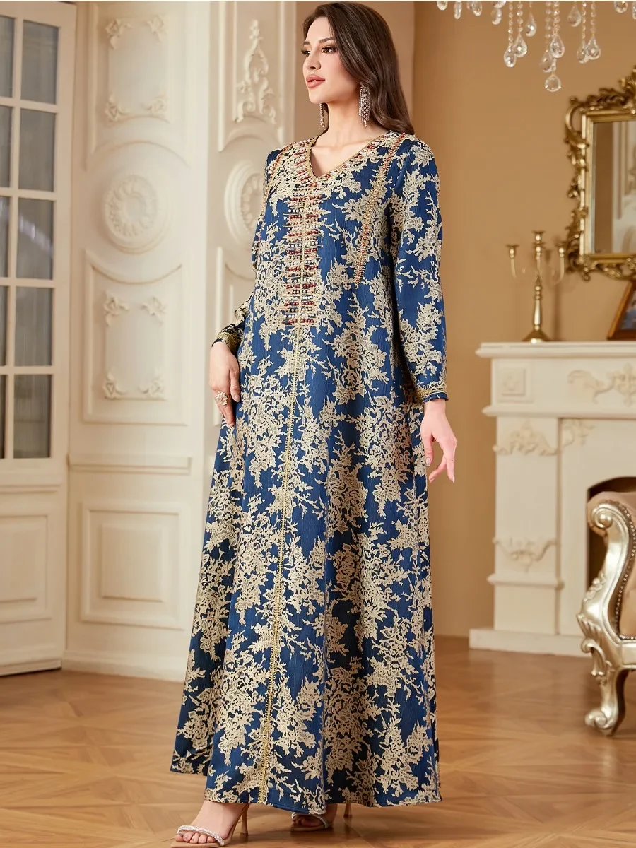Vestido musulmán Eid para mujer Abaya con cuentas y cuello en V Vestidos largos Vestidos Largos caftán de fiesta Jalabiya Ramadán Dubai vestido largo árabe 2025