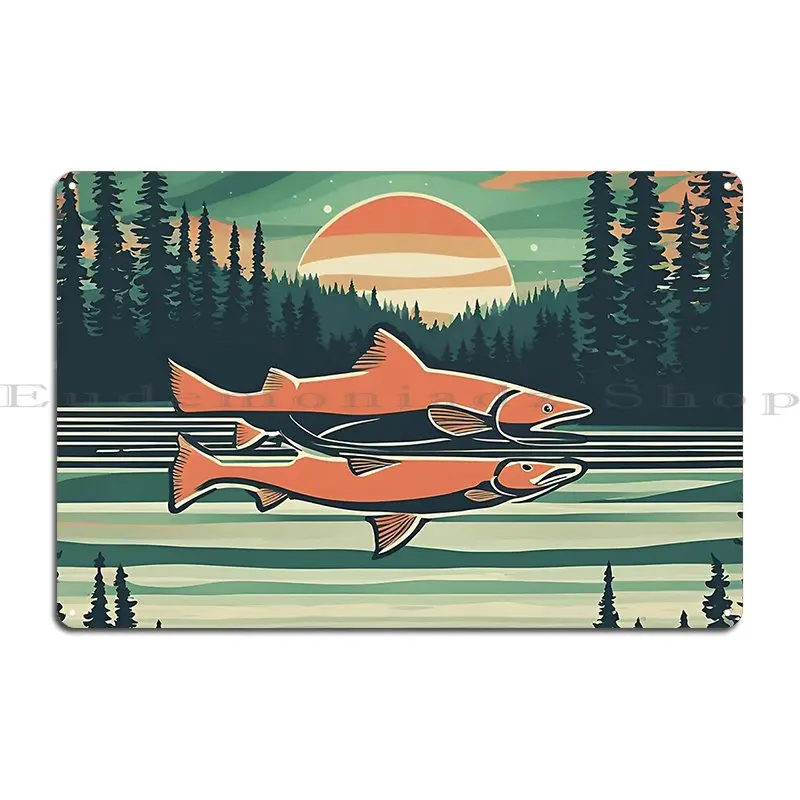 Two Salmon Under Northern Lights Metal Plaque Pub Decoration Custom Design Sign Tin Sign Poster