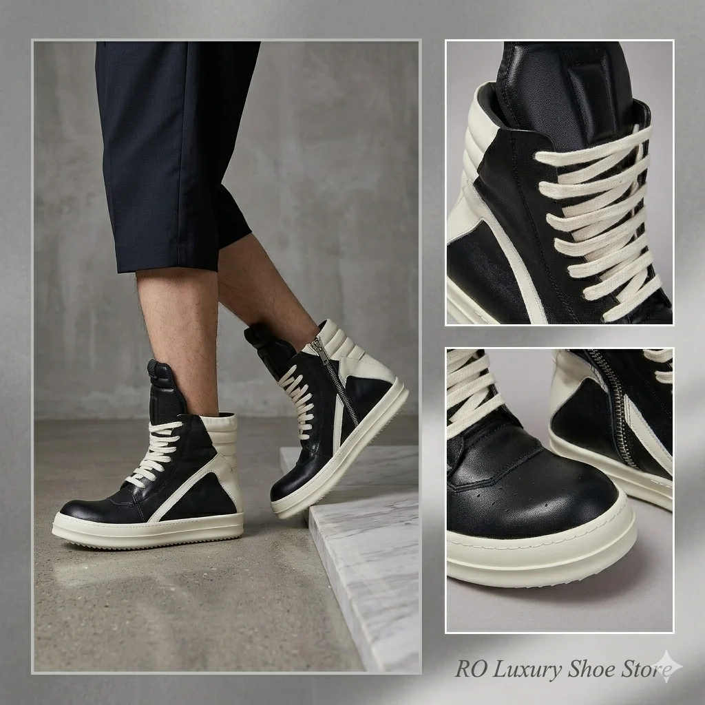 Brand Casual Men Shoe High Top Quality Women Sneaker Jumbo Lace Up Ankle Boot Geobasket Black Leather Zip Boot Flat Luxury Shoe