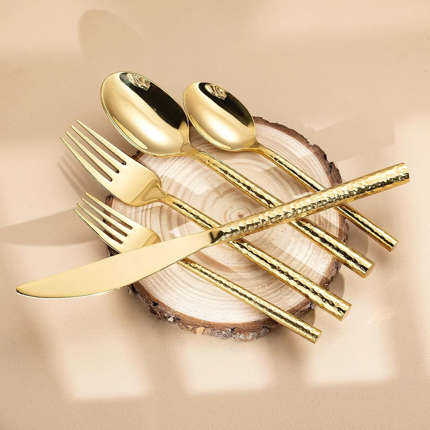 

Hammered Gold Silverware Set, 20 Piece Flatware Cutlery Set for 4, 18/10 Stainless Steel, Mirror Polished, Dishwasher Safe