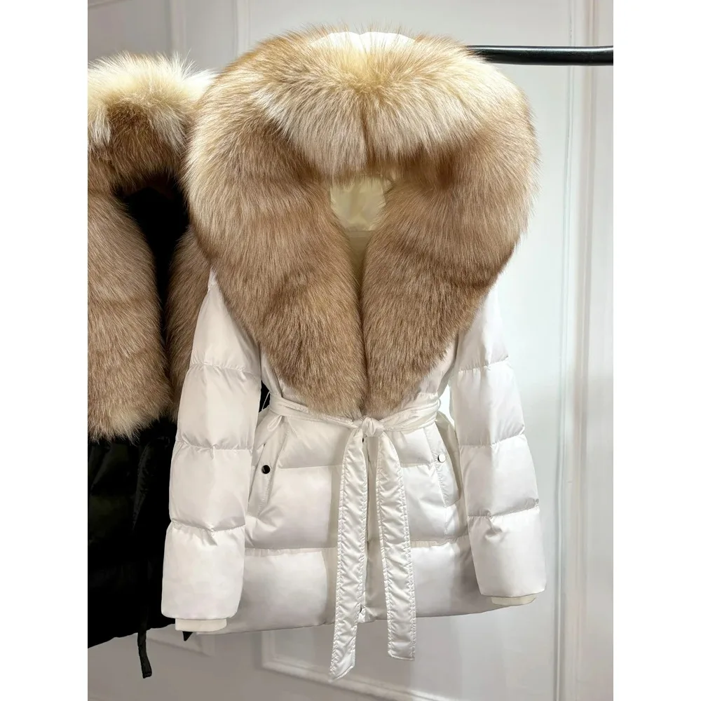 Janveny 럭셔리 대형 천연 실버 폭스 퍼 후드 2025 겨울 90% 구스 다운 재킷 여성 두꺼운 따뜻한 여성용 파카 방수