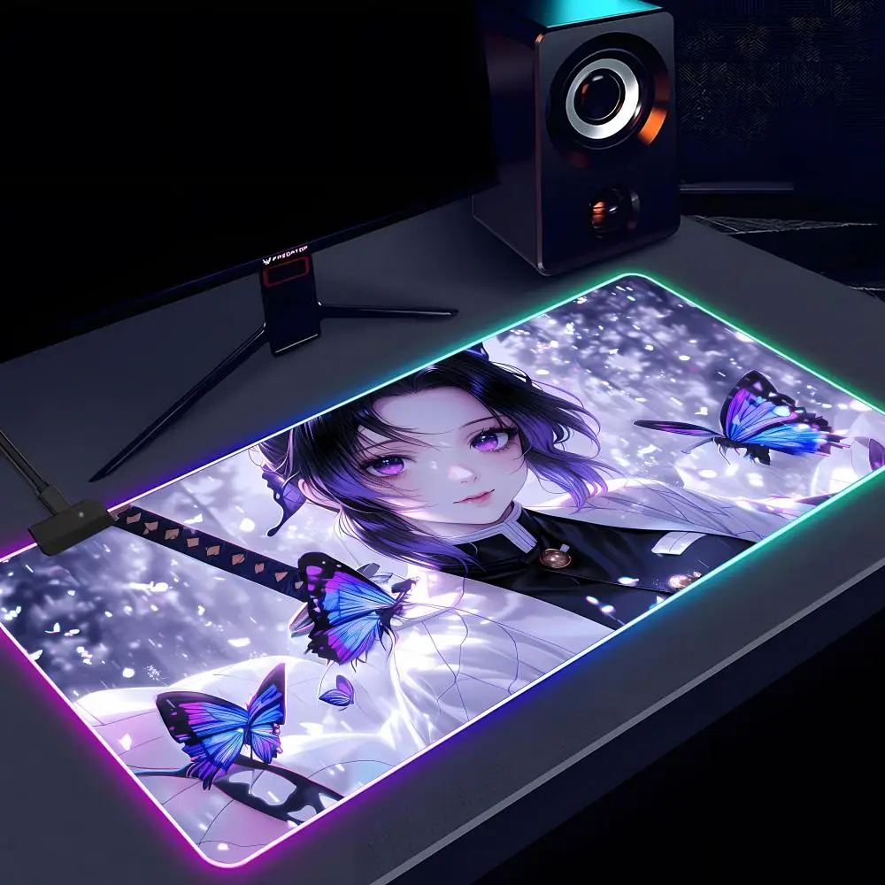 

Коврик для мыши в стиле аниме D-Demon Slayer RGB, светящийся, 900X400 мм, большой настольный коврик, нескользящий, очень большой игровой офисный коврик для мыши