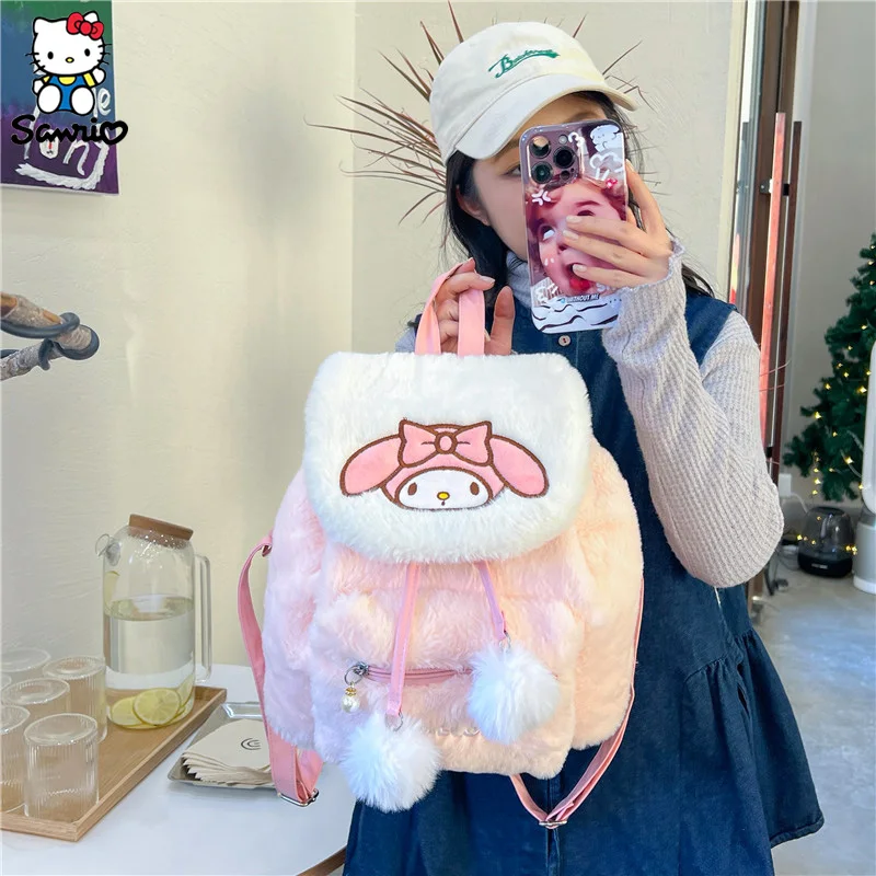 Mochila peluda de Anime Sanrio Kuromi, bolso escolar de felpa de Hello Kitty, bolso de estudiante My Melody, bolso de mano para niñas, juguetes para