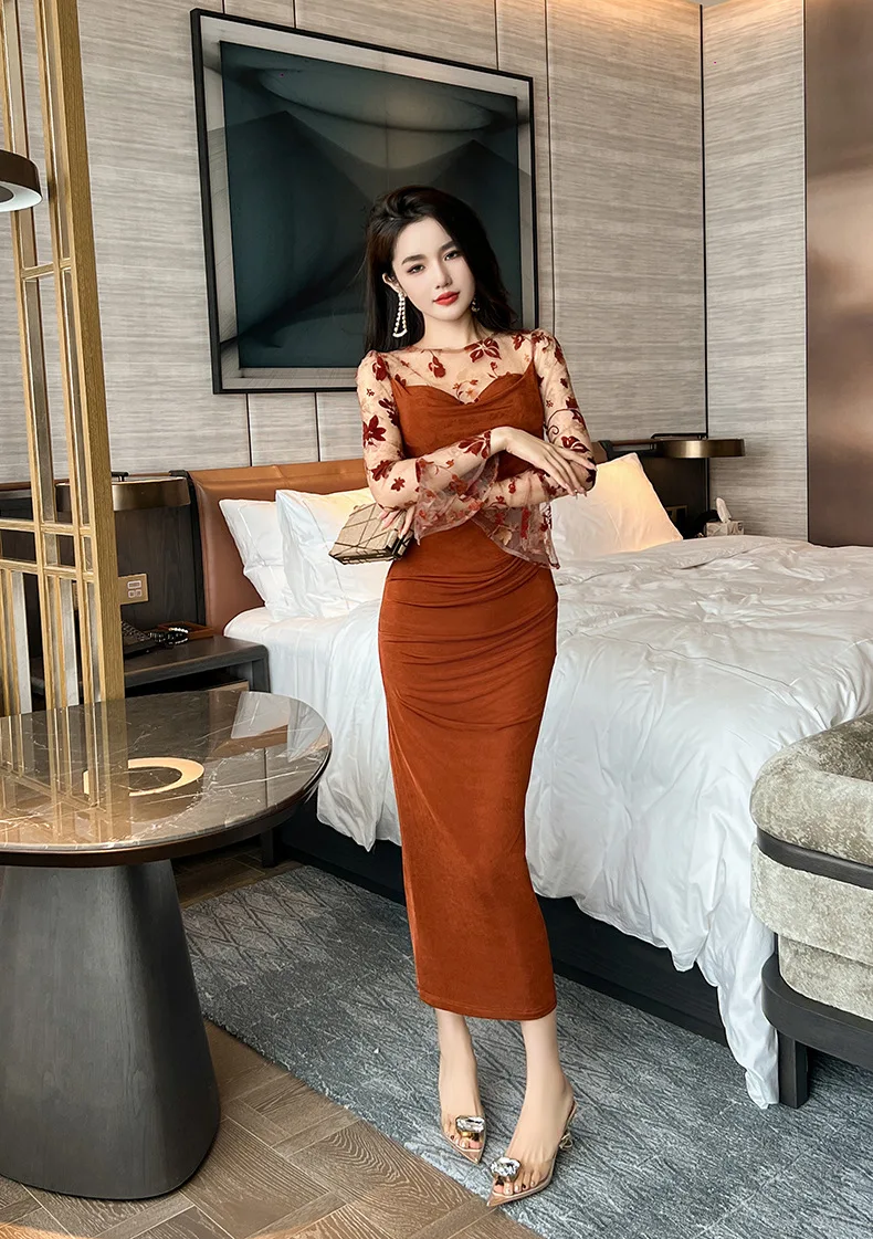 

Новое осеннее сетчатое тонкое расклешенное платье с длинными рукавами в стиле ретро, тонкая длинная юбка до бедер