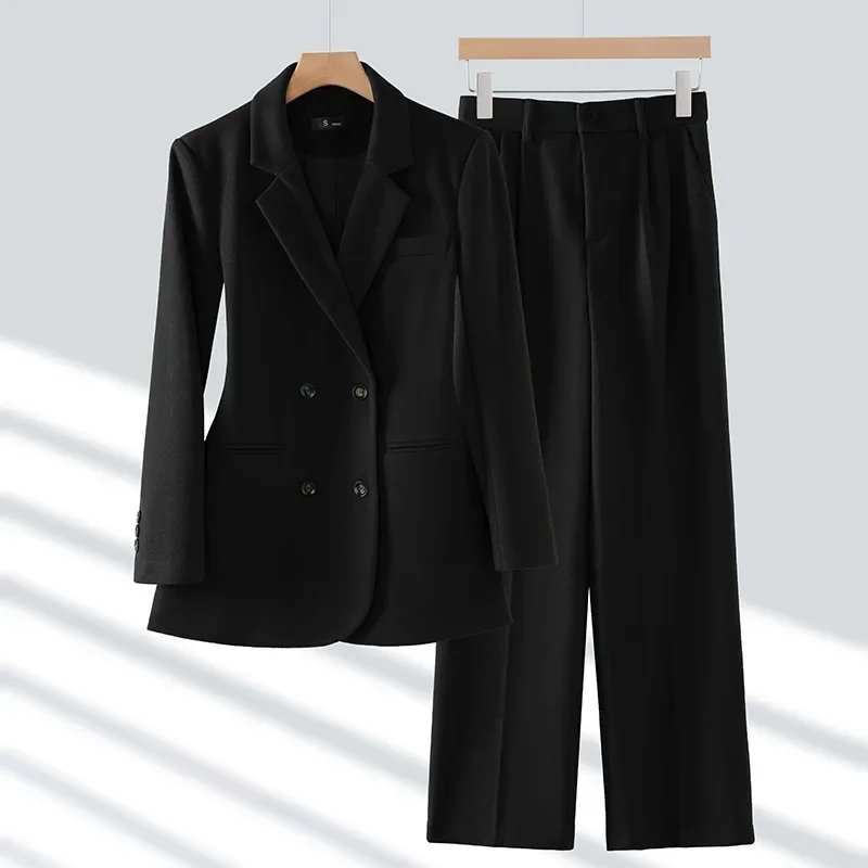 Pop Autumn Winter 2024 New Apricot Coffee Black Elegant Double Breasted Blazer Top And Women High Waist Wide Leg Pant Two Piece