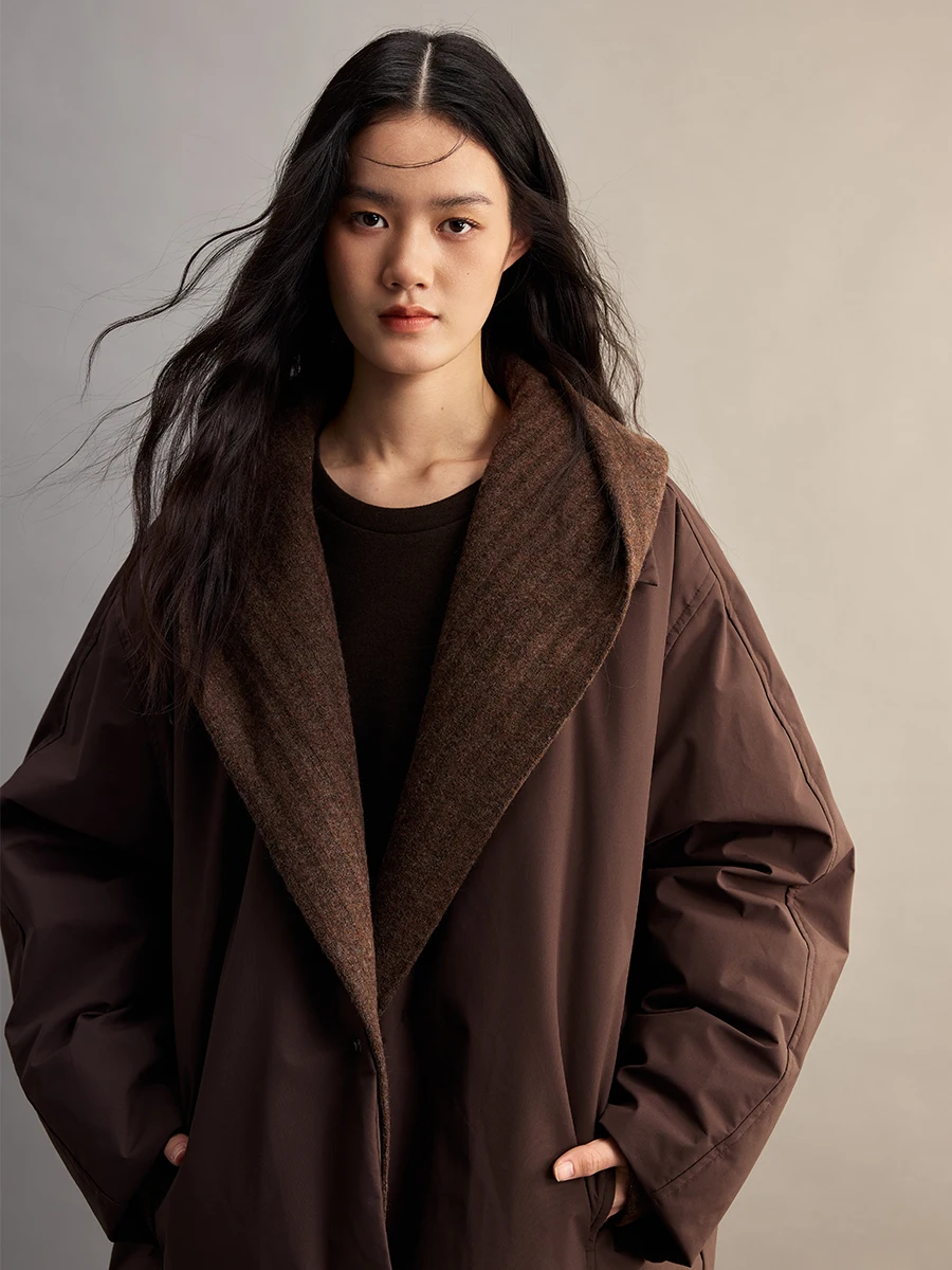 

Caremind Deep Brown Goose down Puffer Jaet Fake Two-Piece Hooded Loose Women's Coat Warm Casual Sle Long Sve Winter Coat