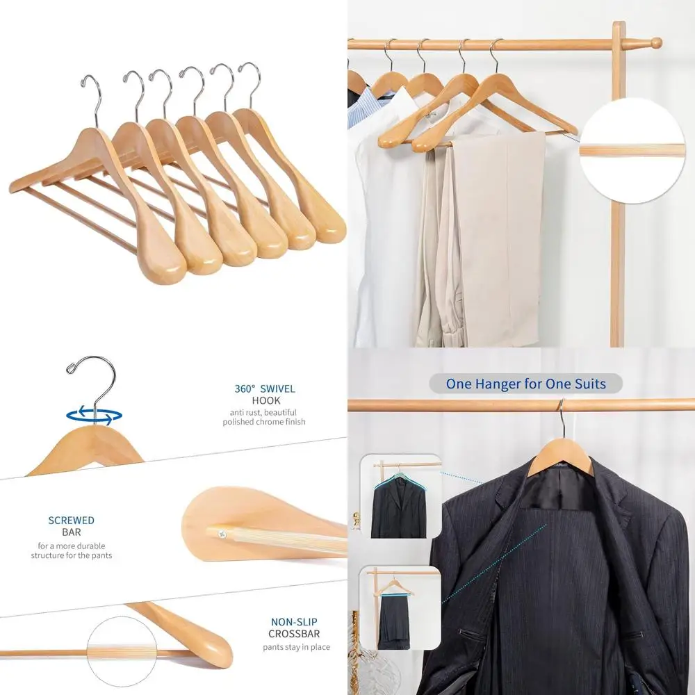 

Набор из 12 натуральных деревянных вешалок для костюмов - широкие плечики, поворотные крючки на 360°, противоскользящая планка