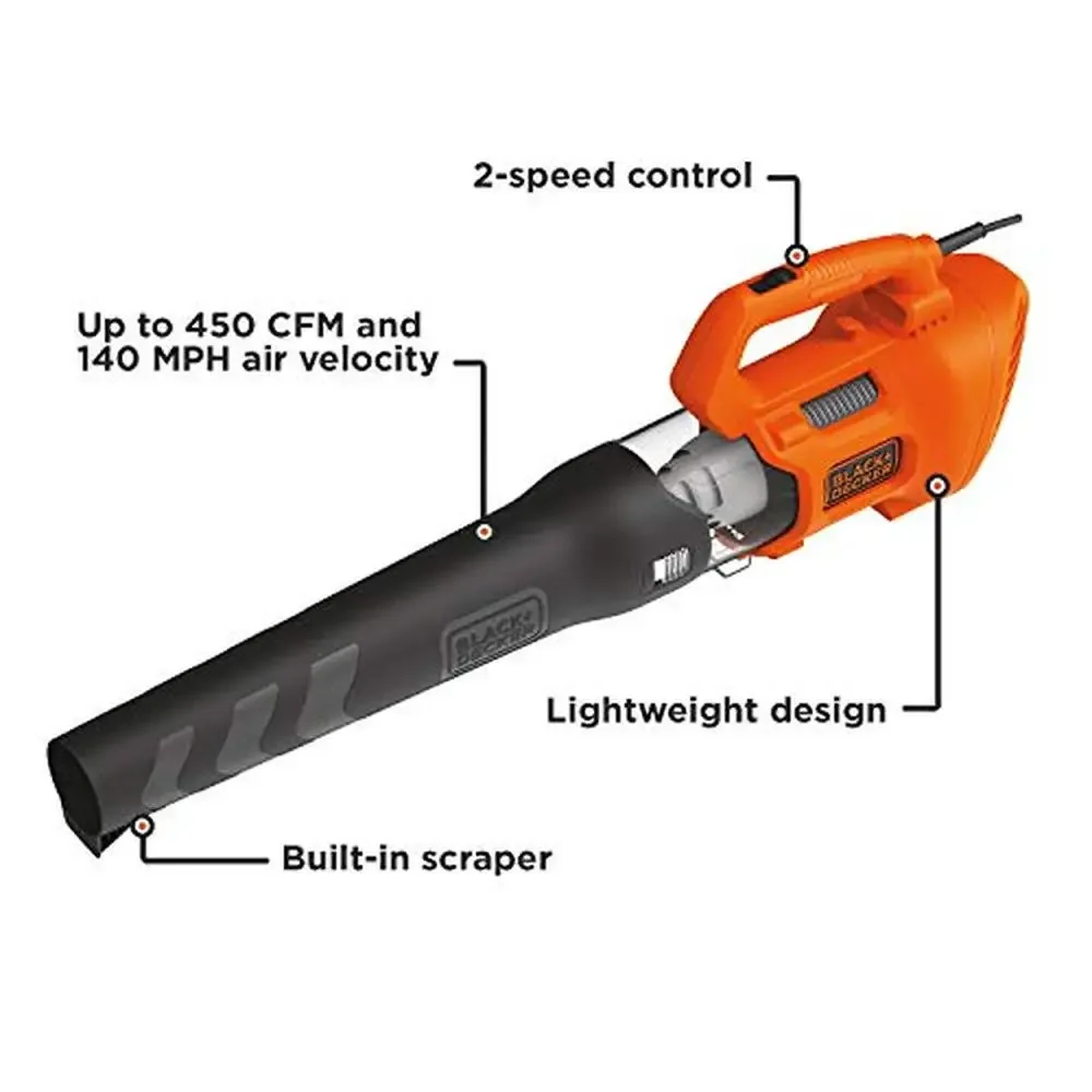 9-Amp Electric Leaf Blower Clearing Dirt and Debris 140 MPH Powerful Air Speeds Lightweight and Compact Built-In Scraper Corded