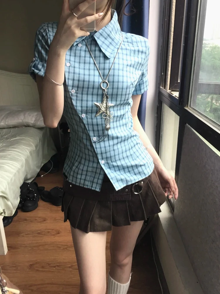 Genayooa Japanisches Y2k-Karohemd für Damen, schmal geschnittene Kurzarmbluse und Hemd, Streetwear, amerikanische Retro-Hemden im unregelmäßigen Vintage-Stil – Detail 4