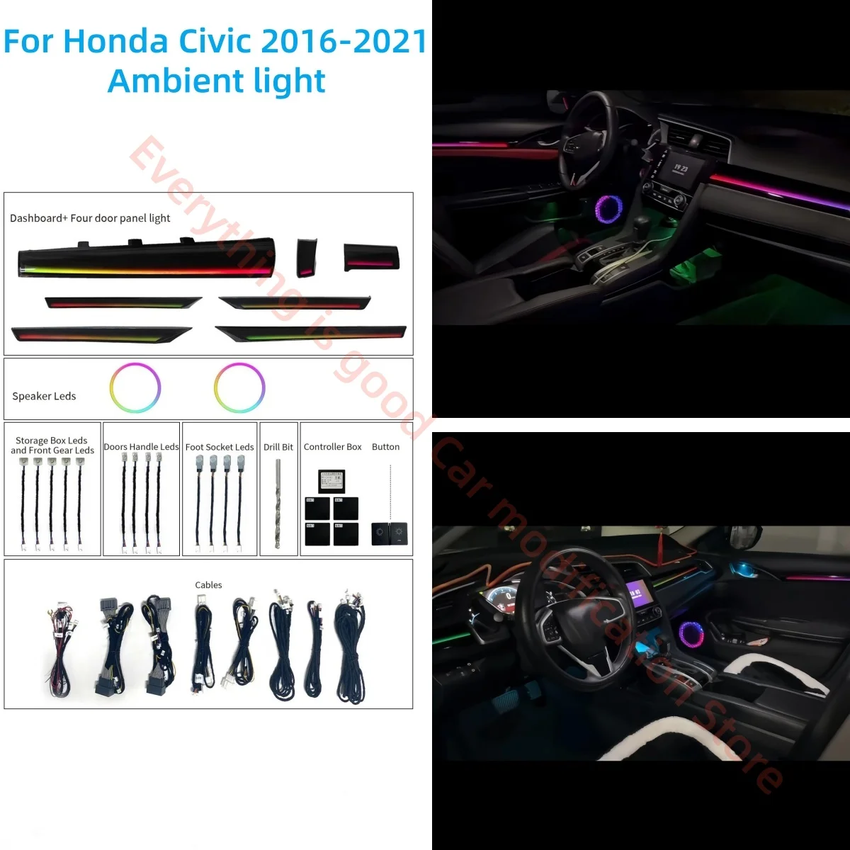 

Окружающее освещение подходит для Honda 10-го поколения Civic, обновление внутреннего освещения автомобиля, автозапчасти, лампа для чашки с водой, светящаяся крышка