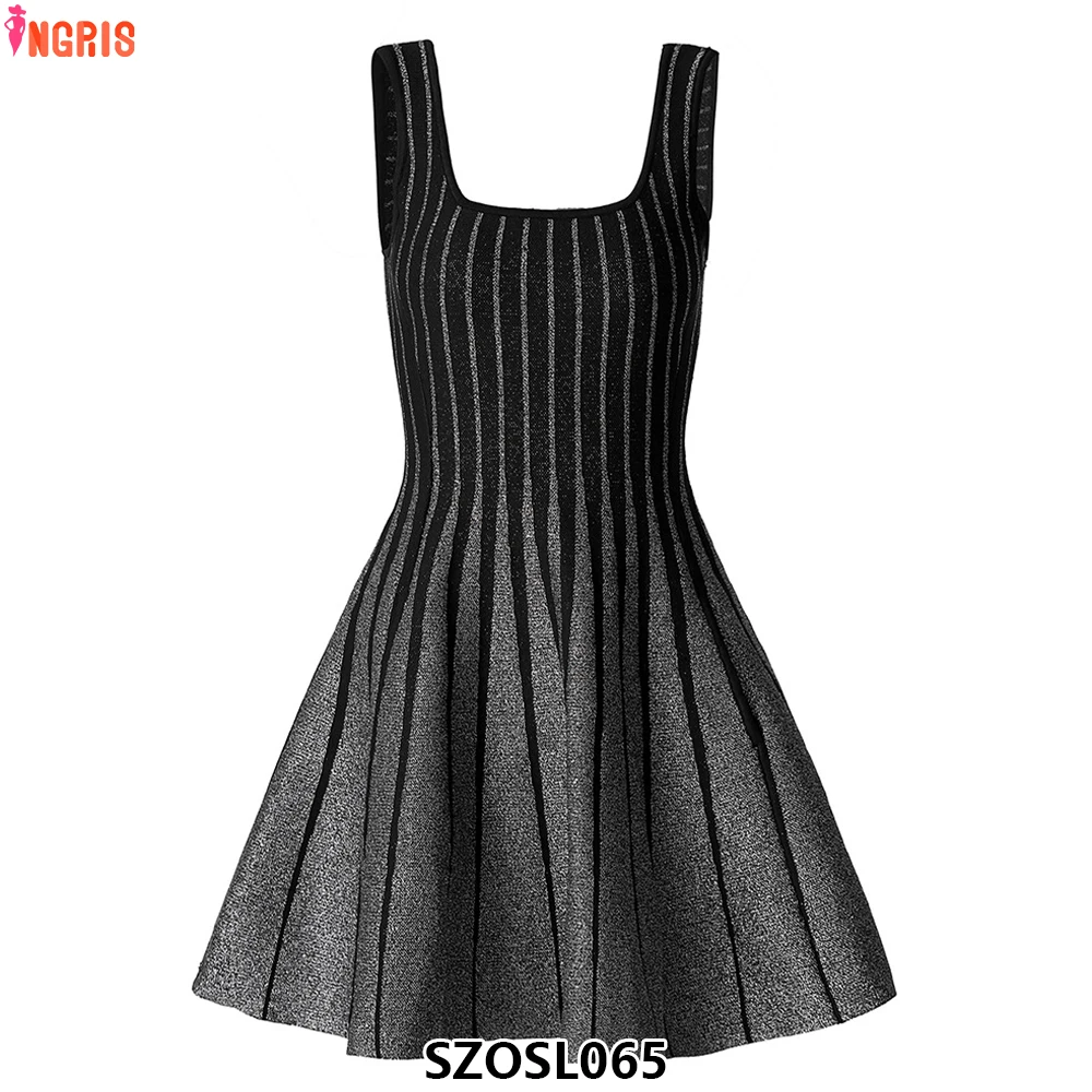 

2025 Autumn Vintage Style High Quality Women Sleeveless O Neck Women Mini Short Knit A-line Striped Dress-SZOSL065
