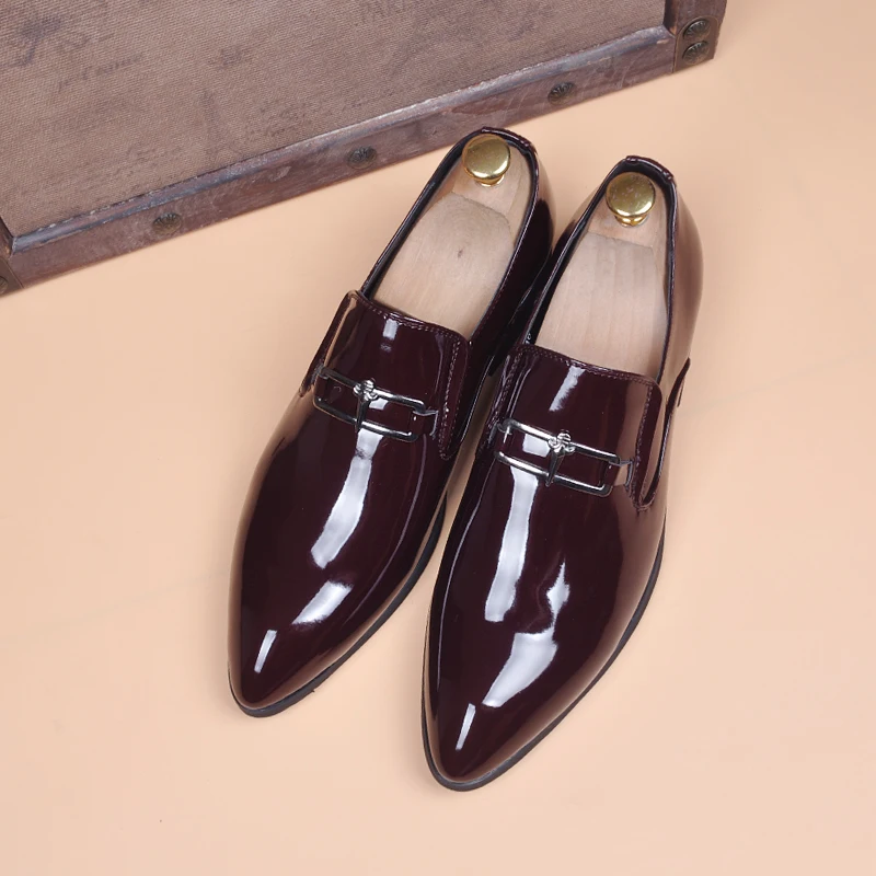 men casual business wedding formal dress bright patent leather shoes slip on lazy driving oxfords shoe black red loafers zapatos
