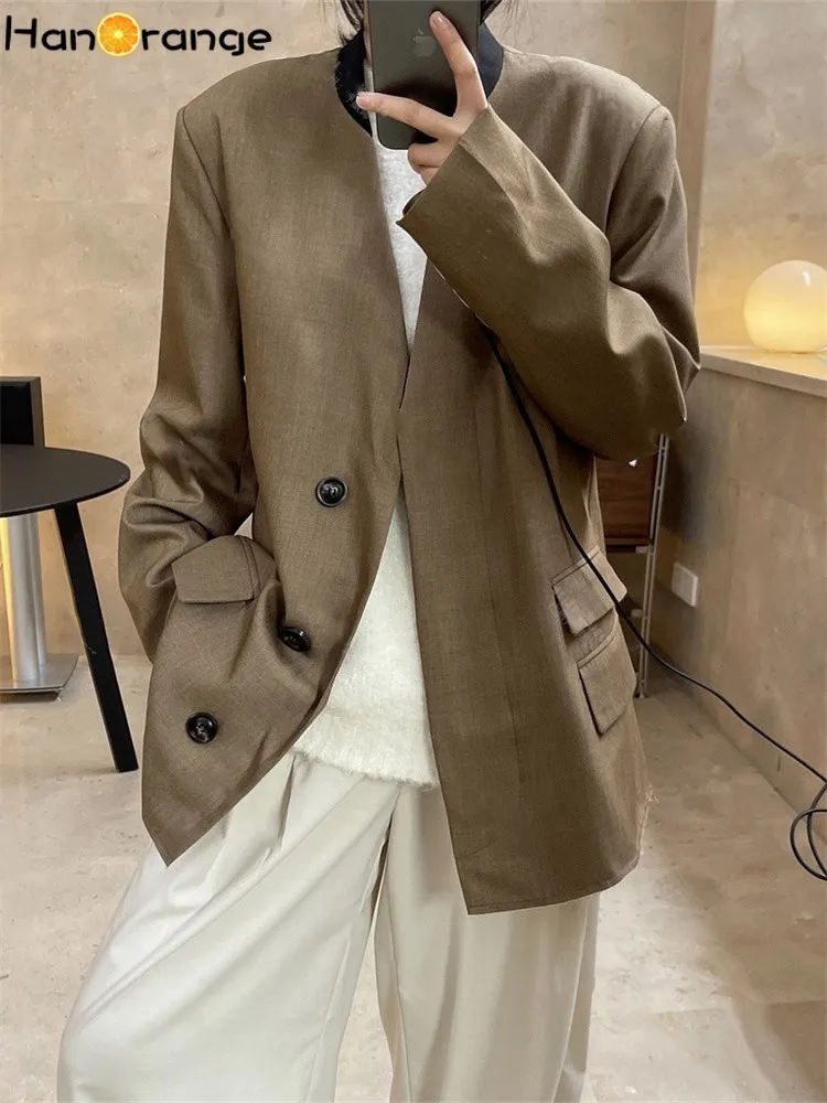 HanOrange 2024 Spring Retro Contrast Neckline Suit Jacket Women Loose Casual Blazer Female Green/Brown Coffee