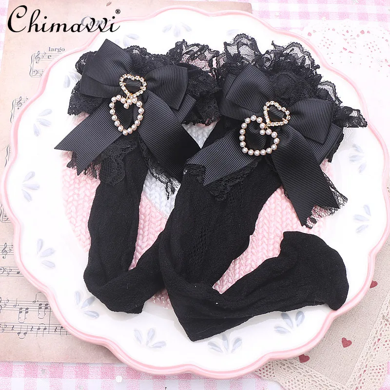 Handmade Lolita Style Sweet Bow Pearl Heart Pendant Lace Mid-Calf Socks Japanese Girl's Women Cotton Lace Socks All-match