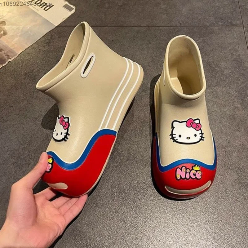 Sanrio Hello Kitty Cartoon Kawaii Waterproof Shoes Women Rain Boots Thick Soled Round Toe Outdoor Children Anti Slip Rain Shoes