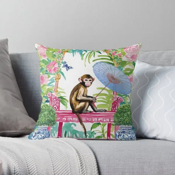 

Monkey In Chinoiserie Garden Printing Throw Pillow Cover Case Decor Waist Square Anime Fashion Pillows not include One Side