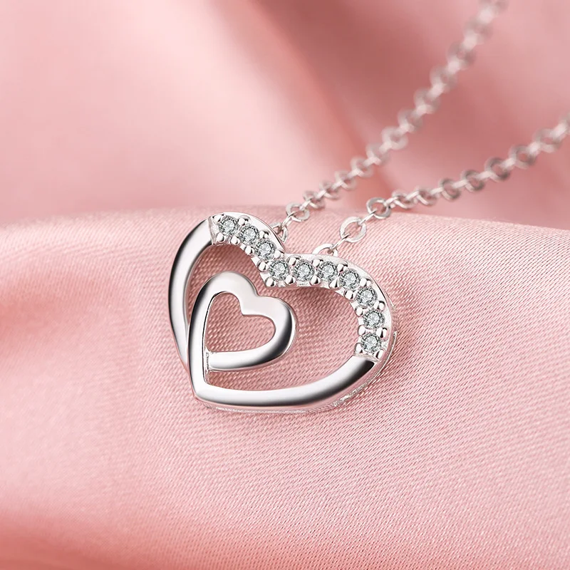 New Fashion Beautiful Female Love Heart Shaped 925 Sterling Silver Personality Flash Crystal Exquisite Sweet Necklaces  TYB287