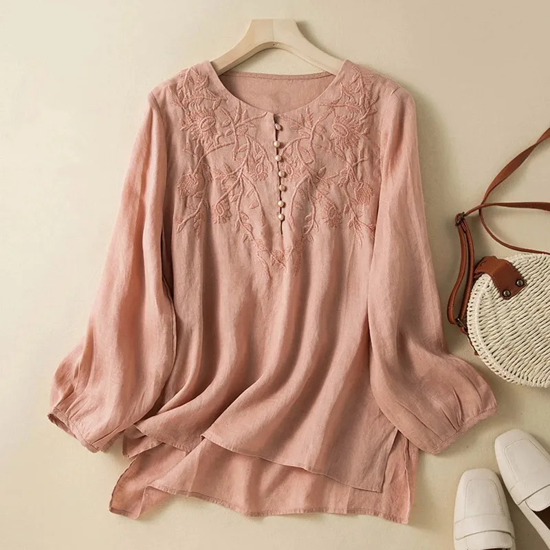 بلوزة كاجوال من القطن والكتان قمصان على الموضة الكورية بلوزات وبلوزات كبيرة الحجم بأكمام طويلة وأزرار مطرزة بلوزات فضفاضة بياقة دائرية