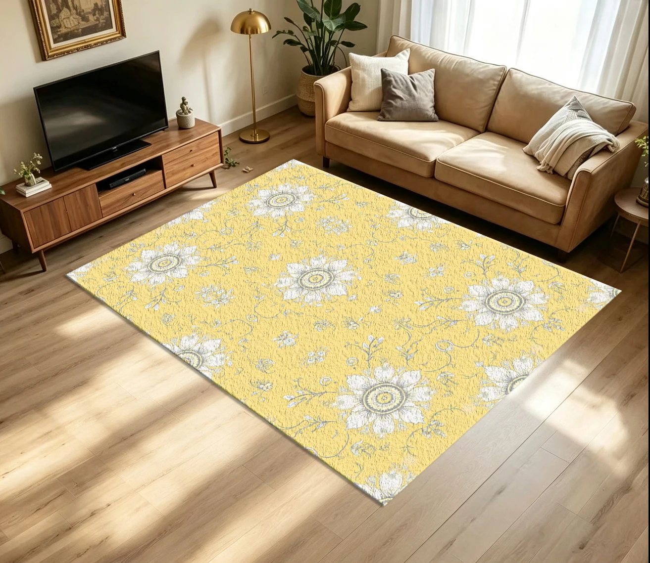 Vintage Yellow Background Floral Medallion Carpet Flooring Retro White Flower Seamless Pattern Printed Floor Rug for Household Living Room Home Aesthetic Decoration