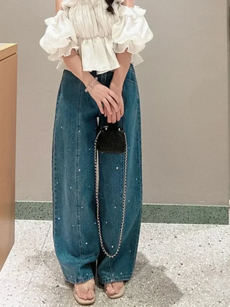 Patchwork Diamonds Denim Pantalones Mujer 2024 Autumn New Women Wide Leg Pants High Waist Woman Straight Ropa Japan Roupas