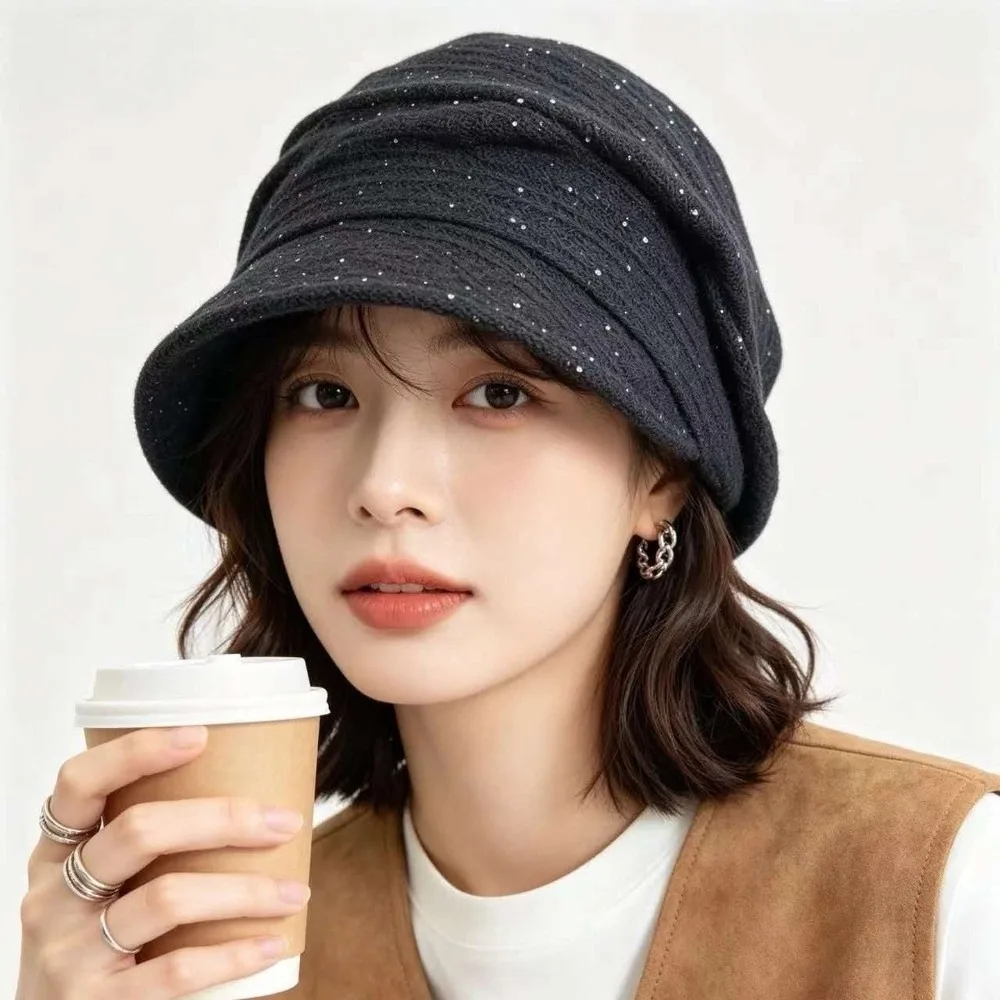 Fashion Soft Newsboy Beret Hat Shimmer Dots Decor Breathable Visor Hat Foldable Stretchy Knit Beanie Street Wear