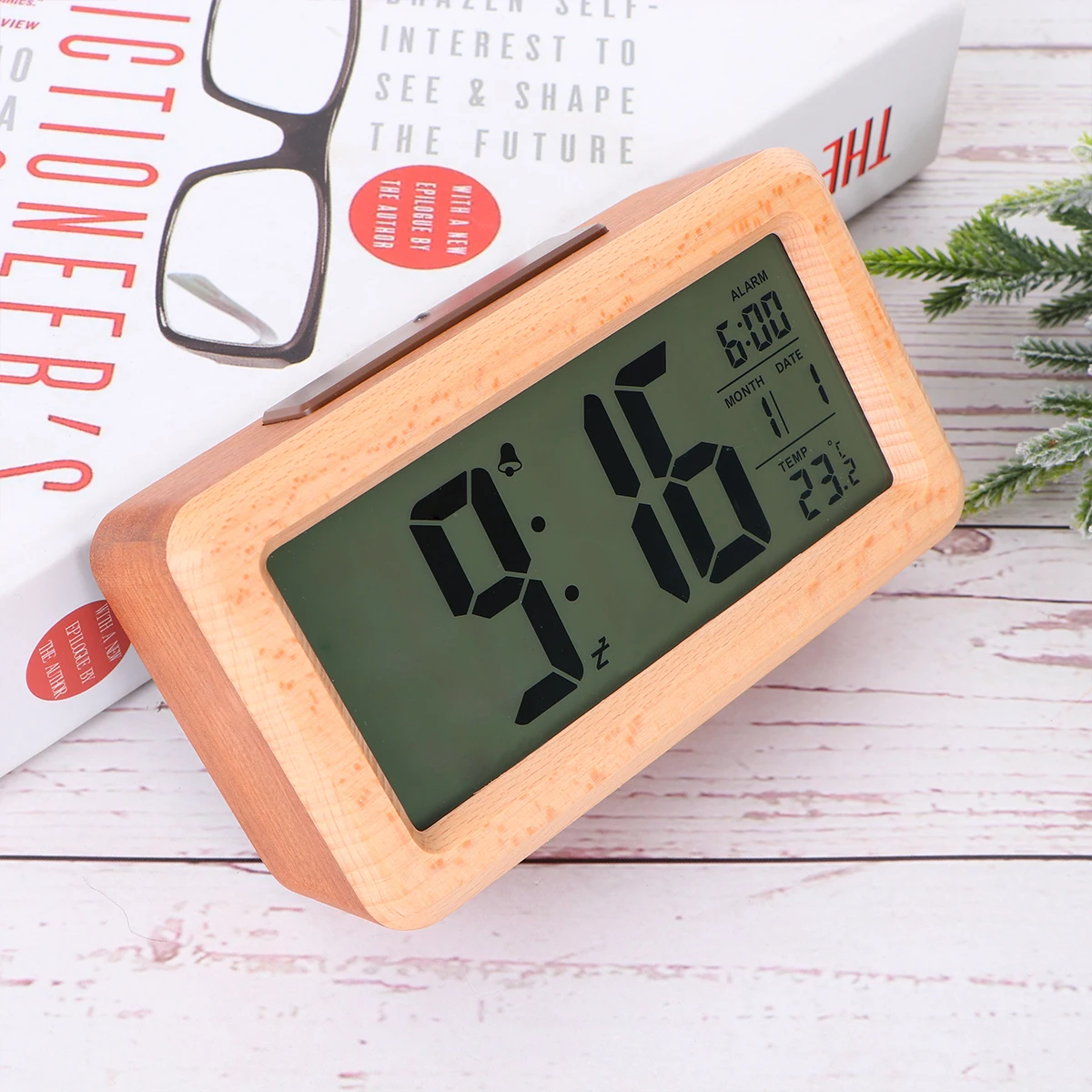 

1pc Led Desktop Wooden Digital Alarm Smart Light Sensor Brightness Adjustable Sturdy Home Bedroom Office Decor Modern