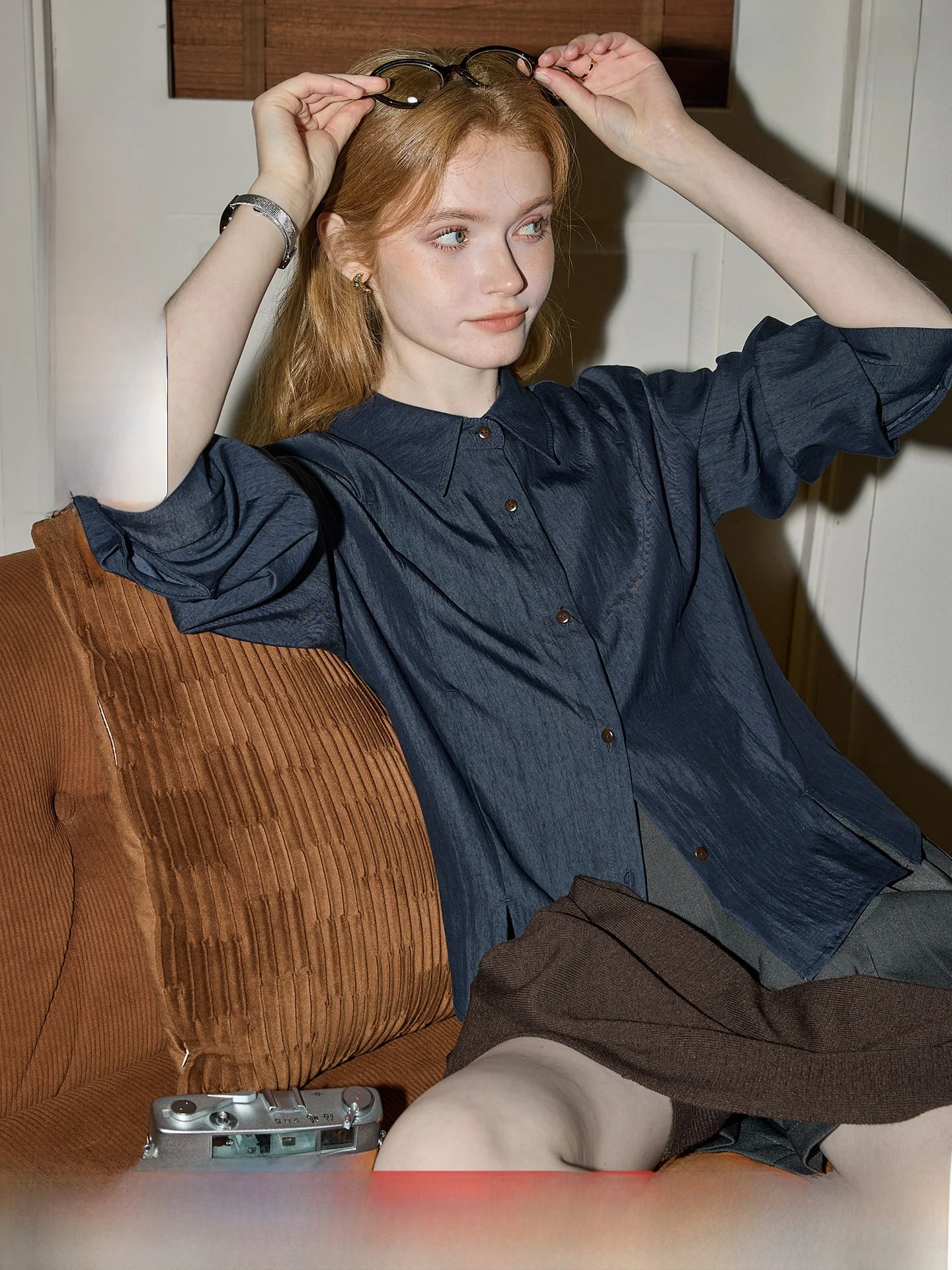 

KUHNMARVIN Commuter Style Long Sleeve Knitted Shirt Women's Fashion Royal Blue Top Casual Breathable Polyester Fabric