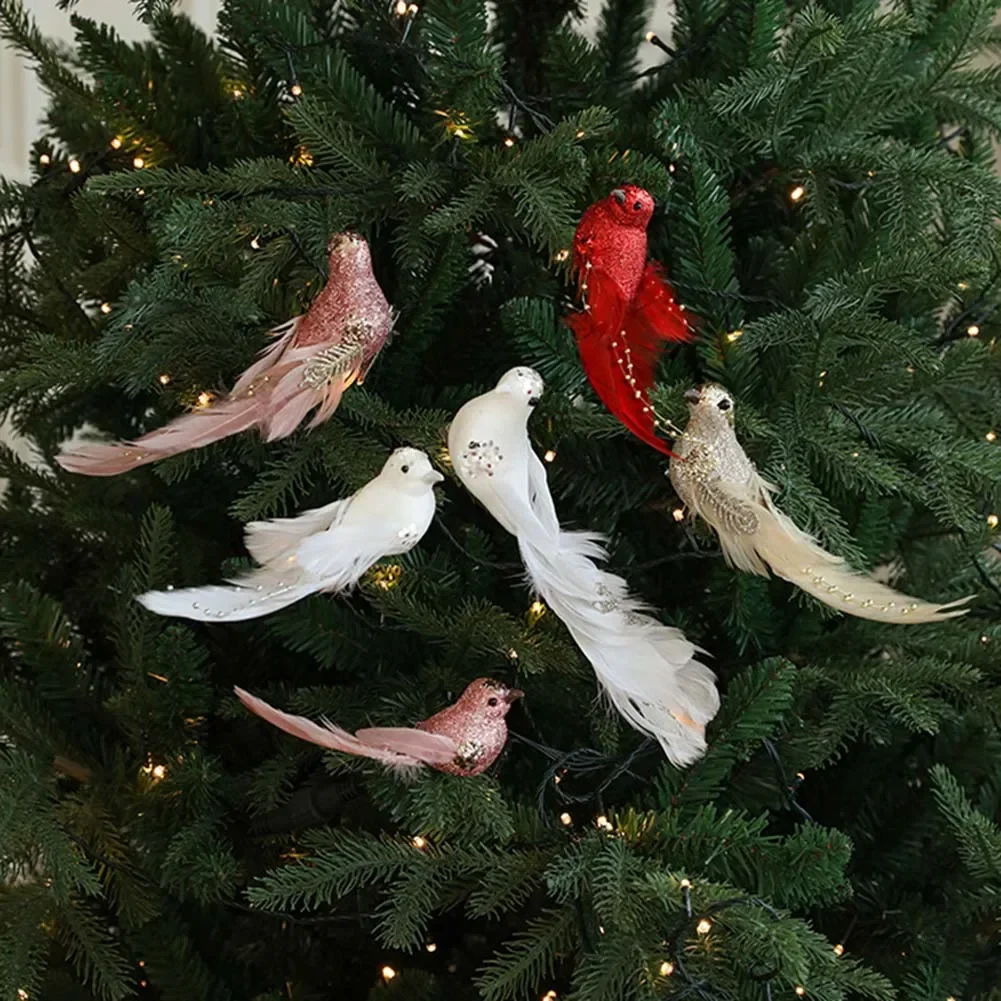 

2pcs Simulation Birds Christmas Tree Figurines Decor Birds Artificial Ornament Home Xmas Model Glitter Birds Foam Feathers Bird