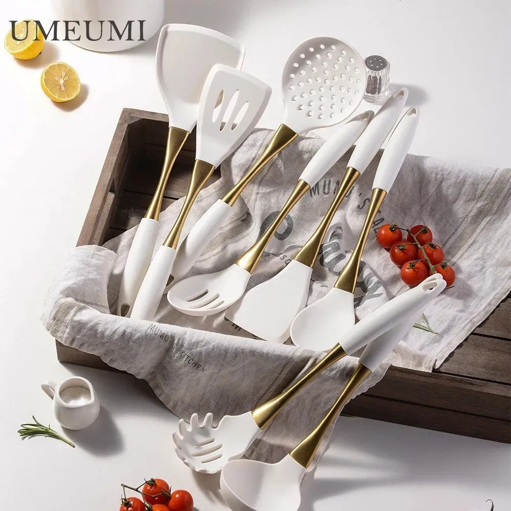 UMEUMI Cooking Spatula 8 Pcs Golden White Silicone kitchenware Utensils Cooking Set Soup Spoon Frying Pan Spatula Universal Tool