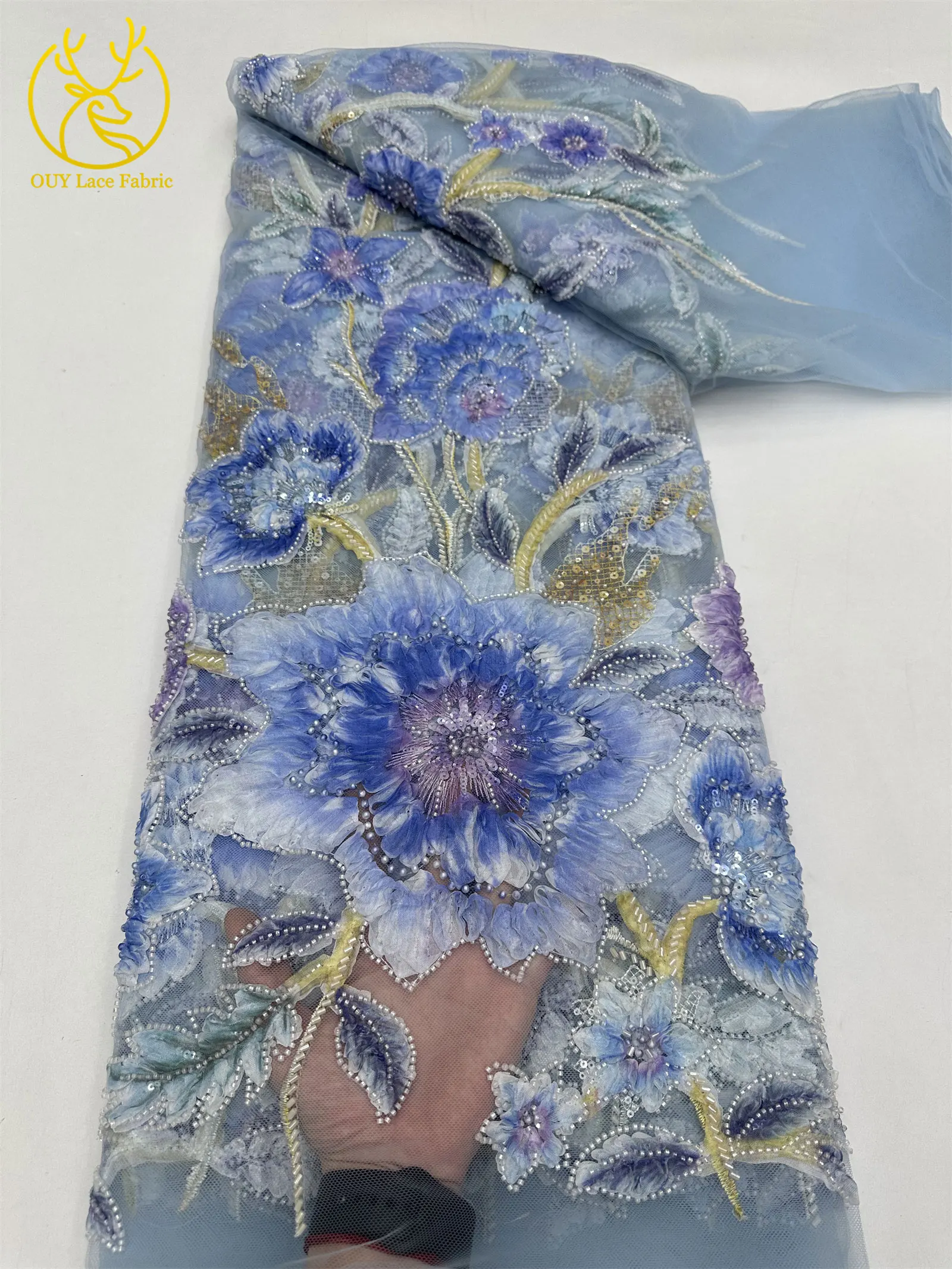 Neuer Stil 3D Blumen-Pailletten-Perlen-Spitzenstoff 2026 Afrikanischer Spitzenstoff Französische Netz-Pailletten-Spitze für Hochzeitskleider zum Nähen – Detail 8