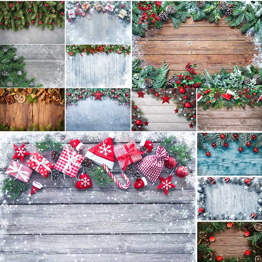 

MOON.QG Christmas Decoration Photo Background Wood Board Pine Trees Candy Cane Backdrop Booth Photography Studio Accessories