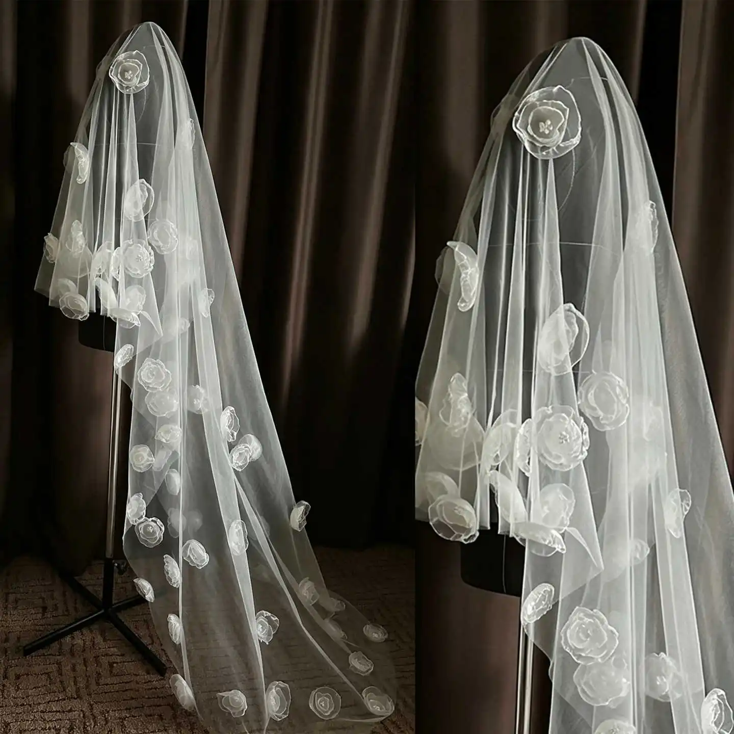 Vintage Bridal Veils Women One-Layer Embroidery Lace Edge 3D Appliques Princess Occasion Dress robes de soirée Customized