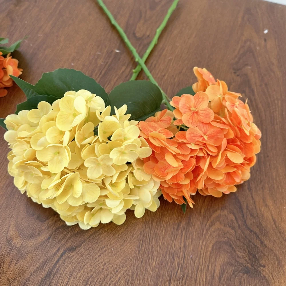 Neue große Hortensien-künstliche Blume, feuchtigkeitsspendend, True Touch, Orange, Gelb, gefälschte Hortensien, Wohnzimmer-Dekoration, Hochzeit, Bühne – Detail 3