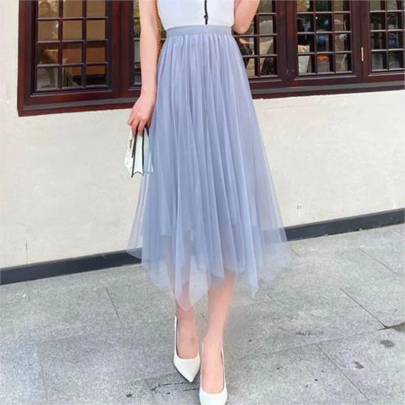 

Women Summer Casual A-line Pleated Skirts Female Elastic High Waist Solid Loose Tulle Skirt Fashion New Party Mesh Skirts NS5724