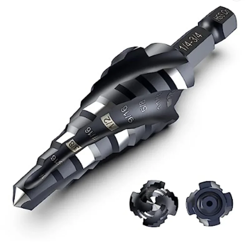 

M35 High Speed Steel Cobalt Step Drill Bit For Metal 4 Spiral Flute1/4" -3/4"Step Drill Wear-Resistant1/4 Hex Shank Tiain Coated