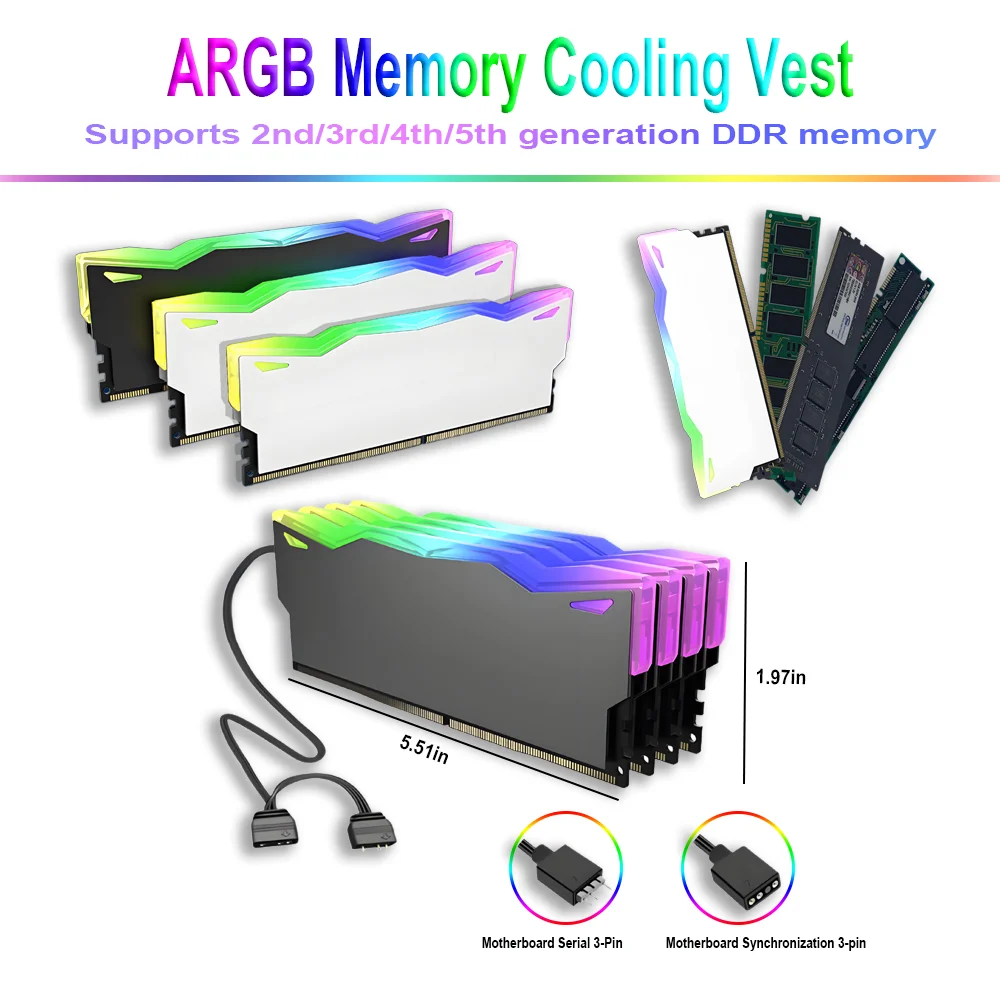 

Memory Cooler 5V-3PIN ARGB Cooler Addressable Thermal Vest Heatsink for DDR5 DDR4 DDR3 DDR2 Desktop PCs