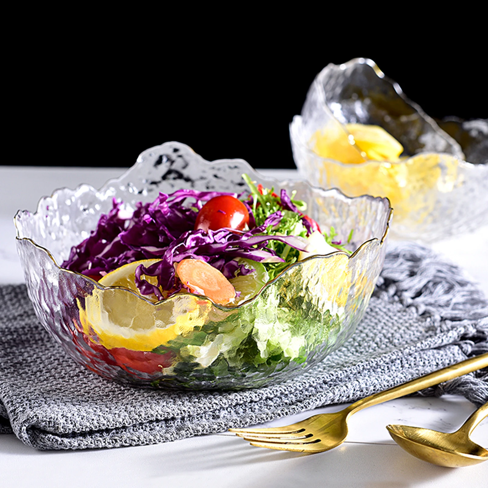 

3Pcs Transparent Glass Salad Bowl Hammered Texture Fruit Dessert Kitchen Tableware Stainless Forks Glass Bowl